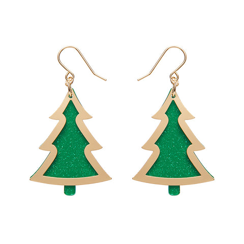 Green Christmas Tree Drop Earrings - Gold