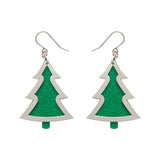 Green Christmas Tree Drop Earrings - Silver