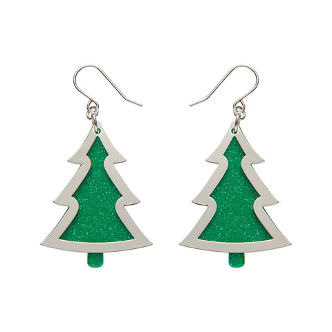 Green Christmas Tree Drop Earrings - Silver