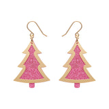 Pink Christmas Tree Drop Earrings - Gold