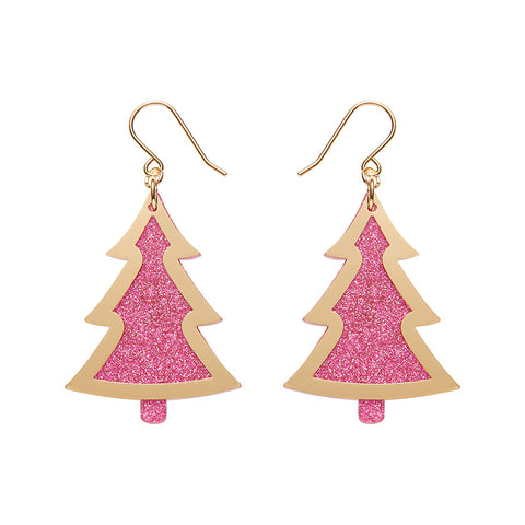 Pink Christmas Tree Drop Earrings - Gold