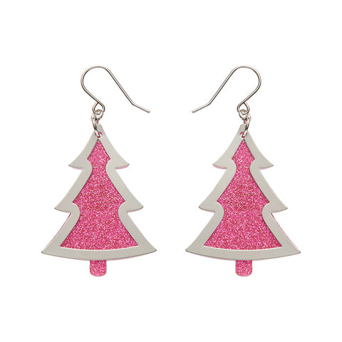 Pink Christmas Tree Drop Earrings - Silver