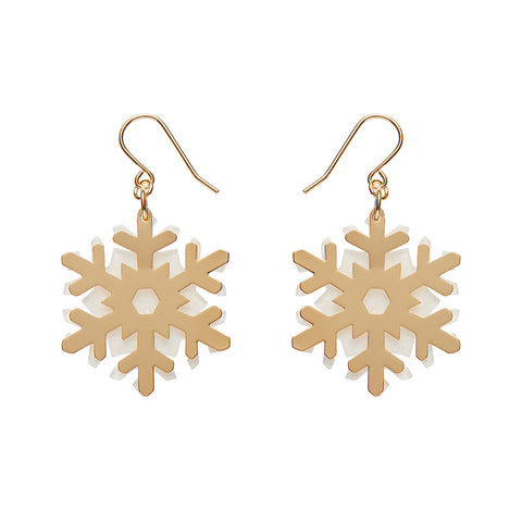 White Snowflake Drop Earrings - Gold