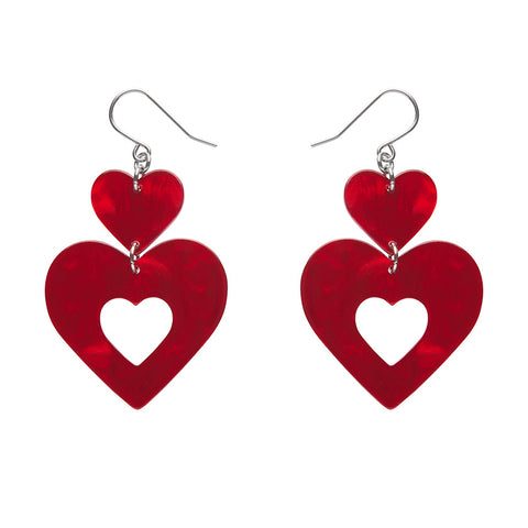 Double Heart Ripple Drop Earrings - Red